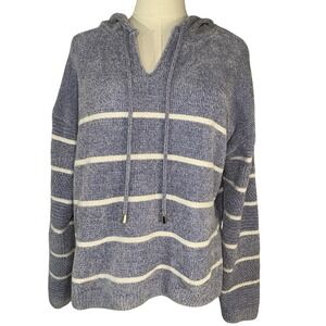 Rachel Zoe Women's Sz M Knit Velvet Feel Hood Sweater Light Blue & White Stripes